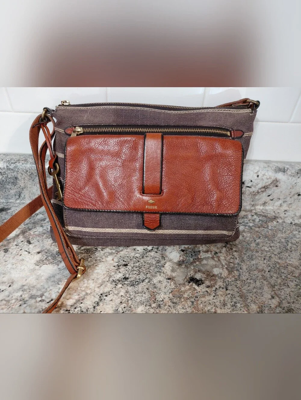 Fossil Women's Kinley Gray Brown Striped Leather & Canvas Crossbody Bag